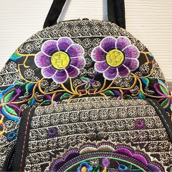 Floral Embroided Backpack Boho Bohemian Black Purple Mexican